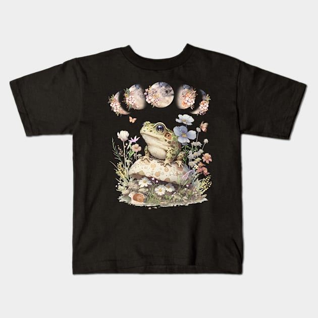 Cute Cottagecore Frog Mushroom Vintage Floral Moon Kids T-Shirt by Hypnotic Highs